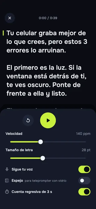 Pantalla del teleprompter de VYRO Prompt con el guion y los controles de velocidad