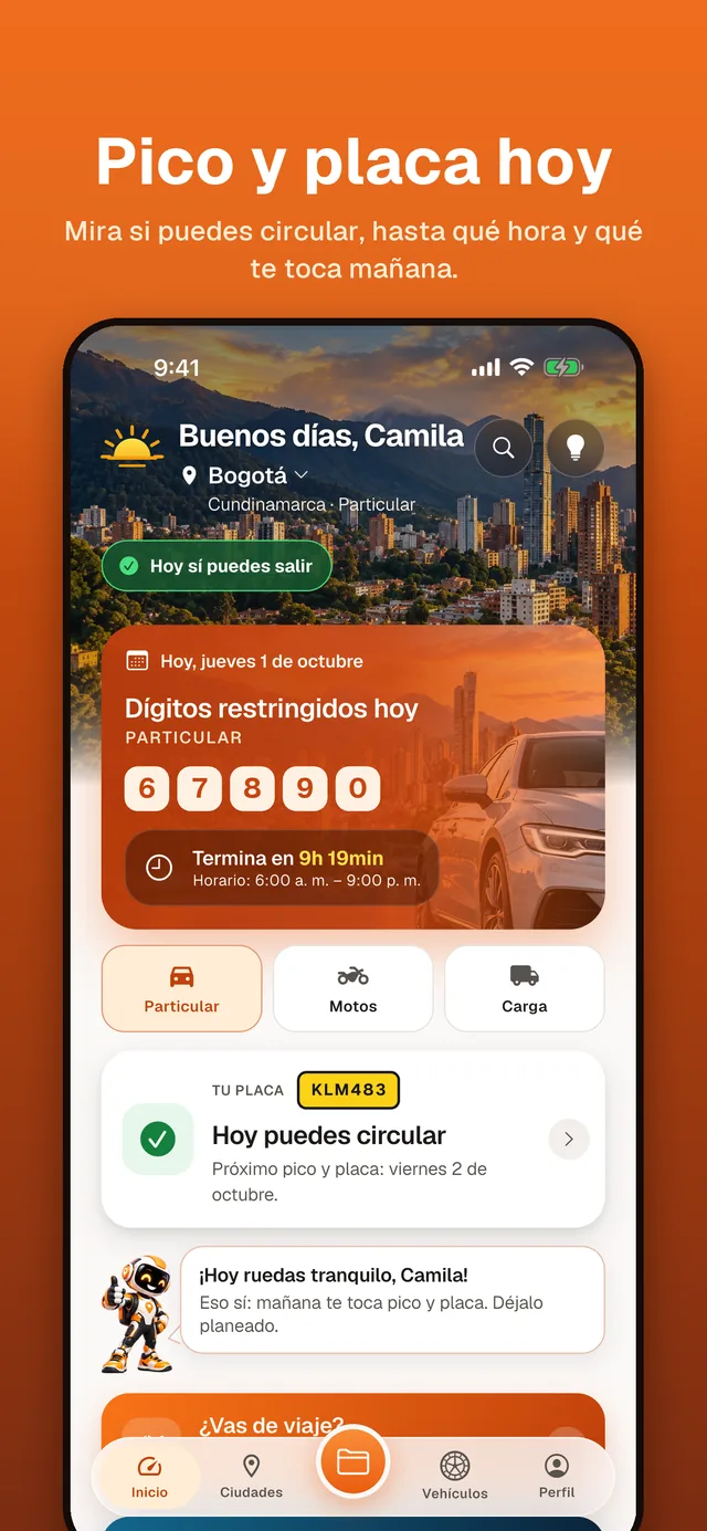 Pantalla de inicio de la app de CirculaHoy: hoy sí puedes salir, dígitos y horario