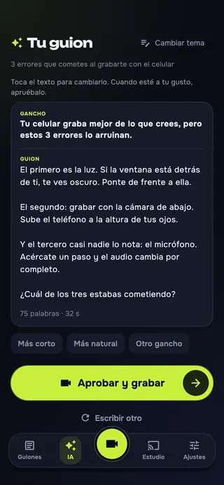 Pantalla de VYRO Prompt con un guion escrito con IA: gancho y texto listos para aprobar