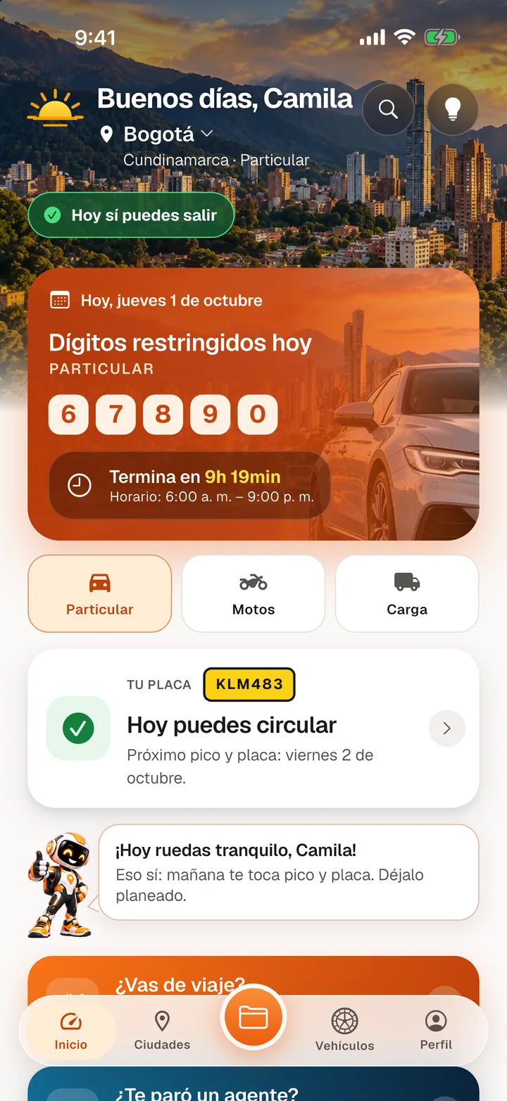 Inicio de la app de CirculaHoy: hoy sí puedes salir, dígitos y horario