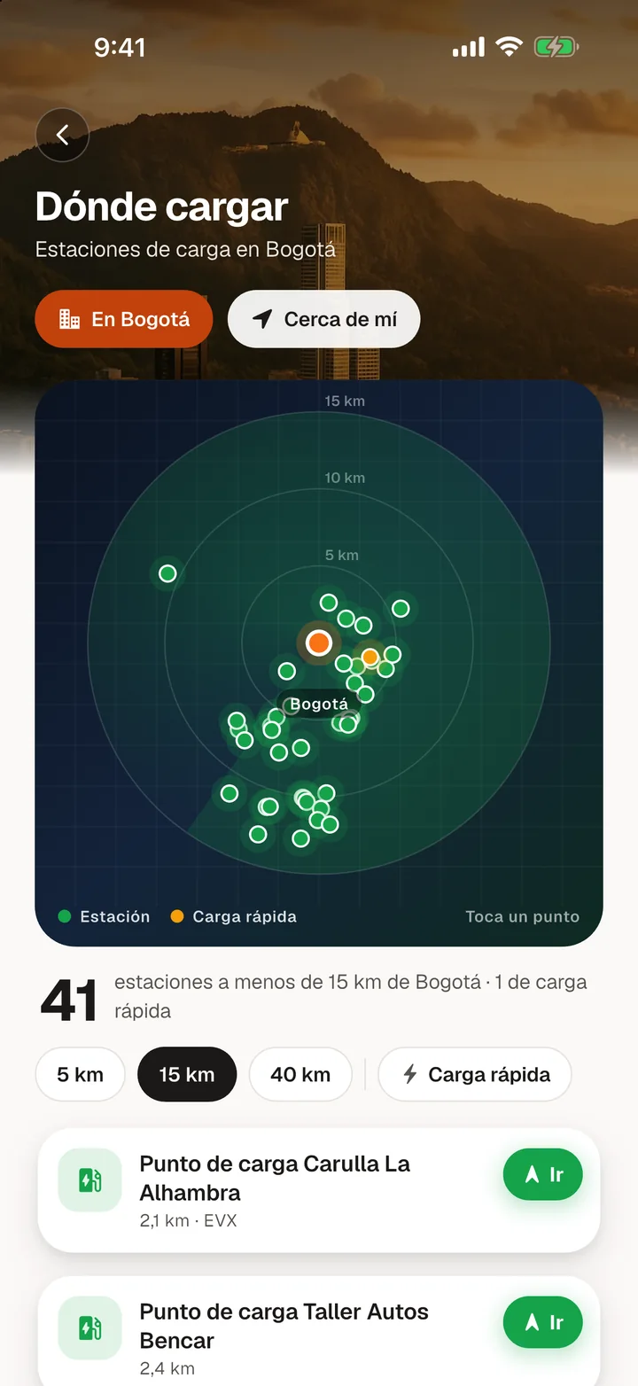 Mapa con estaciones de carga cerca de Bogotá