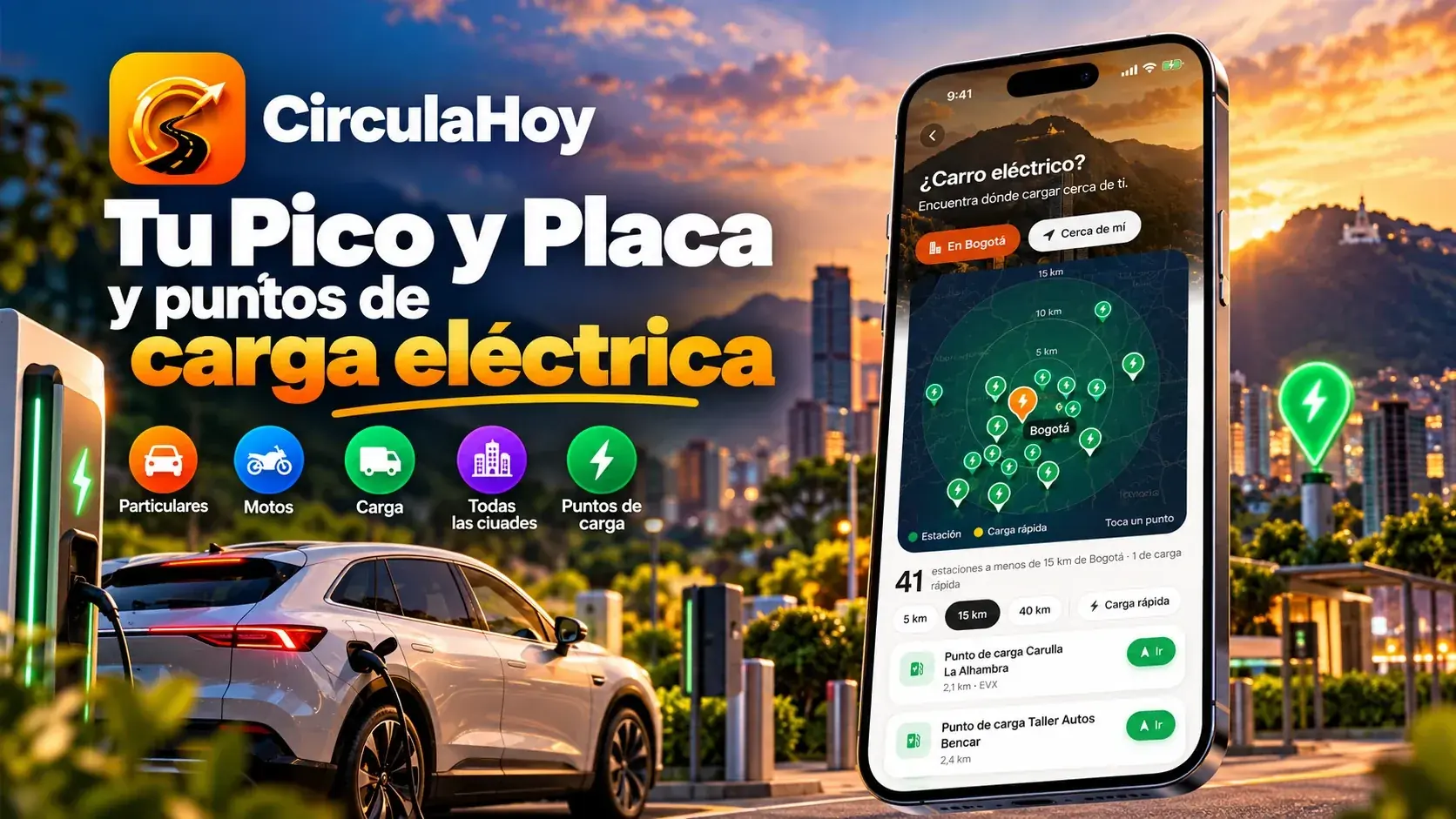 Ilustración: la app de CirculaHoy muestra las estaciones de carga cerca de ti, por ejemplo en Bogotá