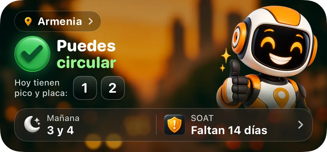 Widget mediano de CirculaHoy: "Puedes circular" hoy, dígitos de mañana y días que faltan para el SOAT (ejemplo con datos de muestra)