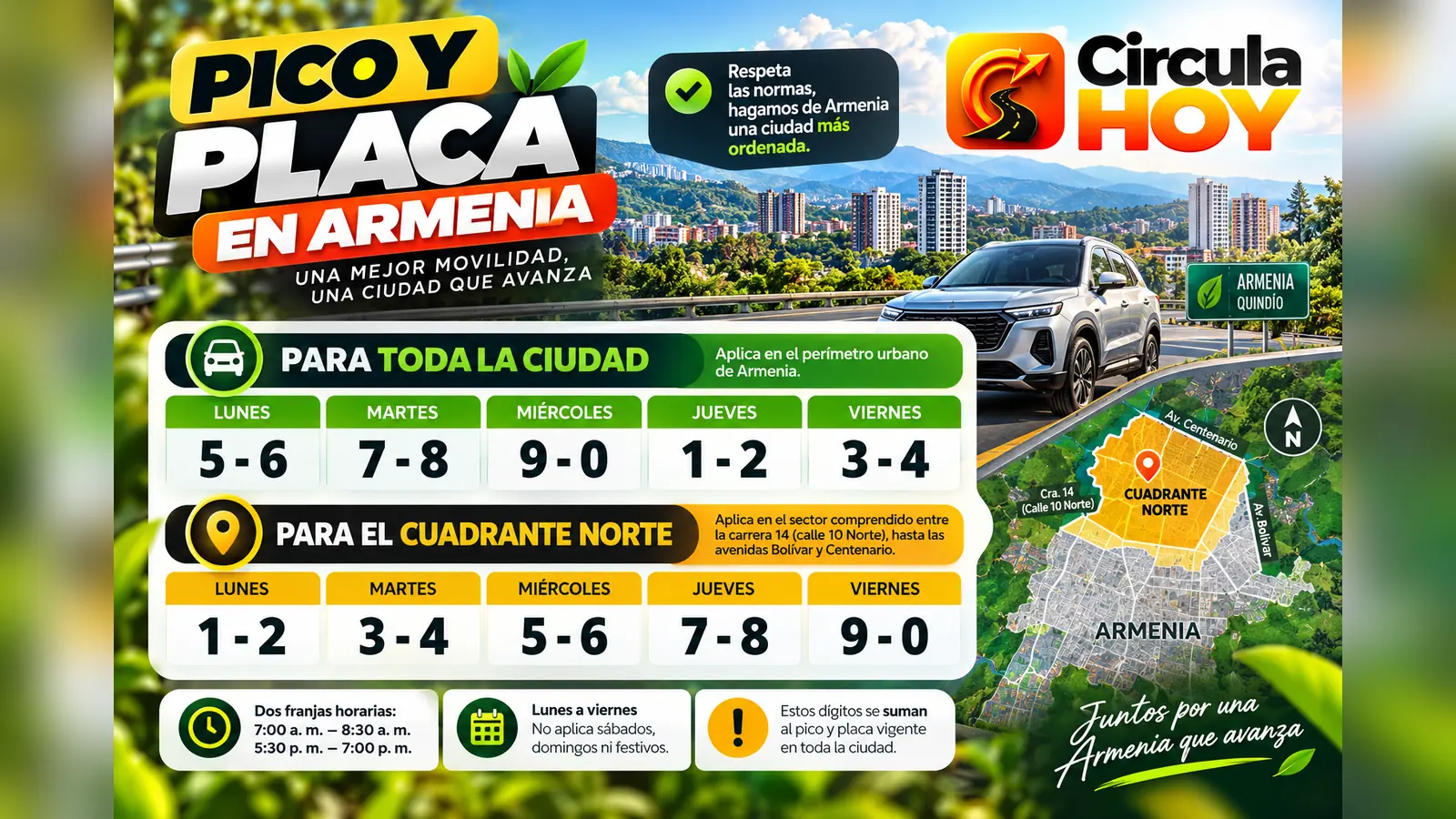 Pico y placa norte de Armenia: franjas, dígitos y zona del cuadrante