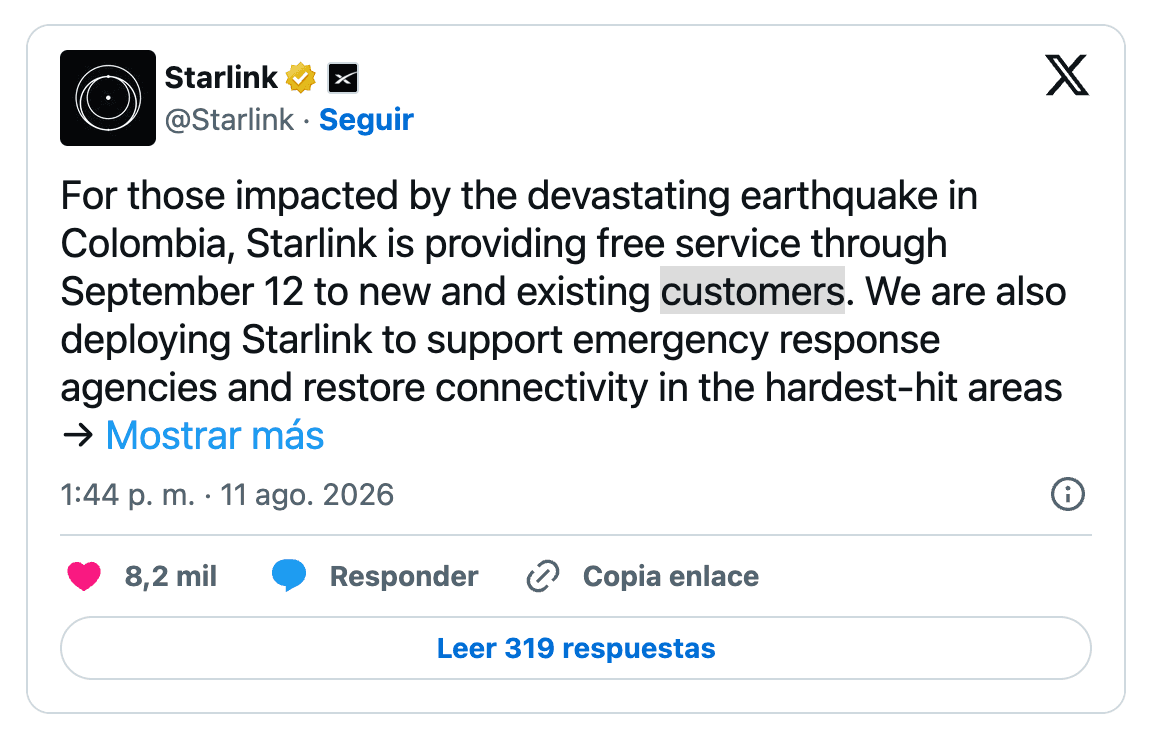 Trino oficial de @Starlink en X anunciando el servicio gratuito en las zonas afectadas por el terremoto en Colombia
